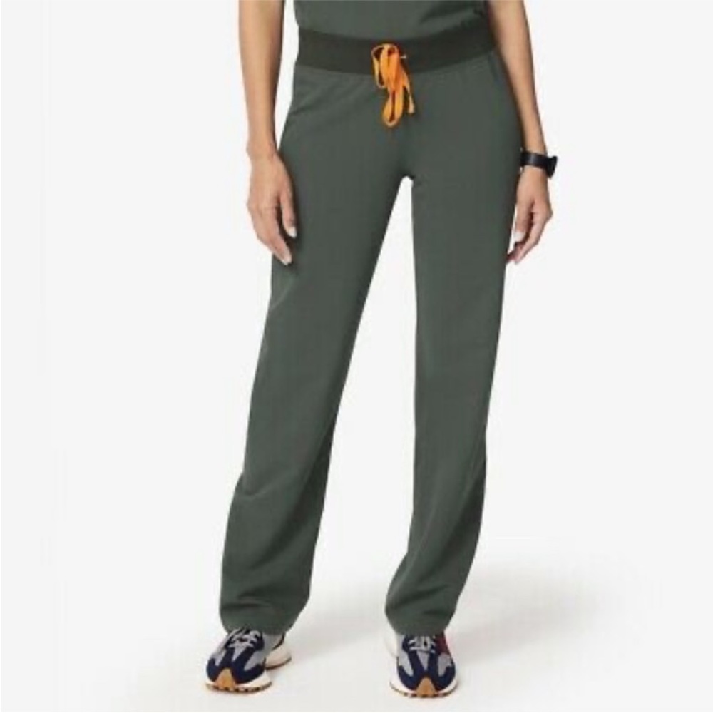Figs moss green Livingston small tall pants. Olive/forest green w/orange tie.